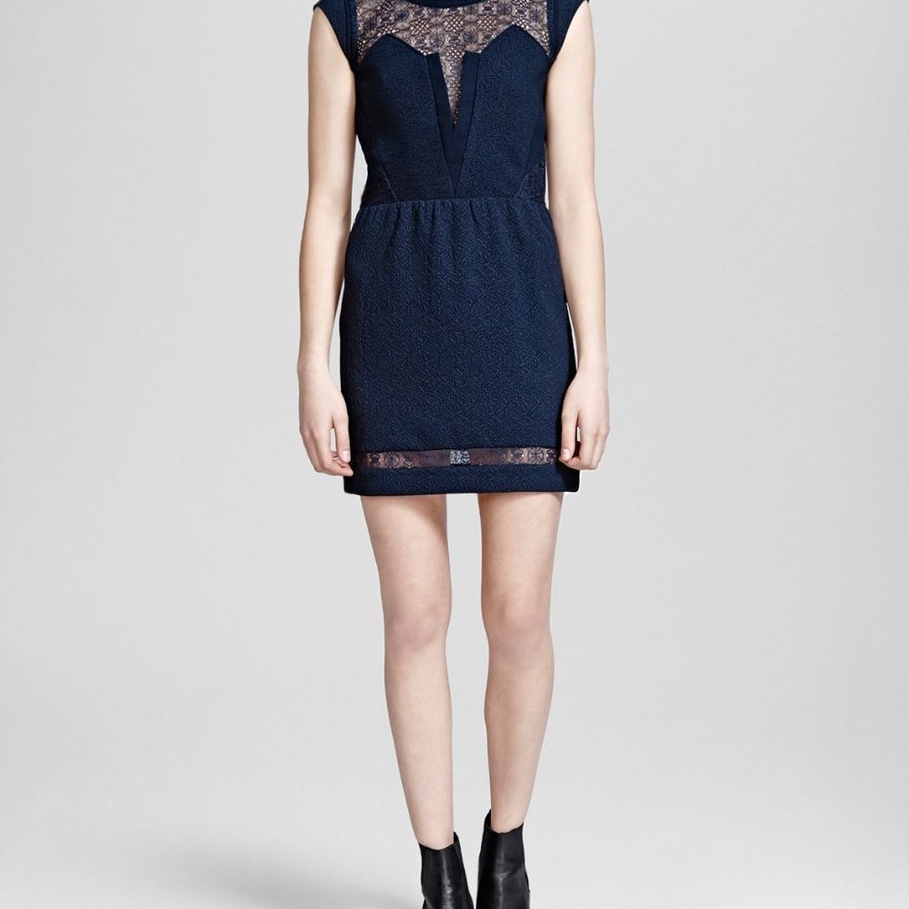 The Kooples Navy Crepe & Wave Lace Dress (Size XS)